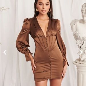 Lavish Alice satin balloon sleeve corset mini dress in chocolate brown